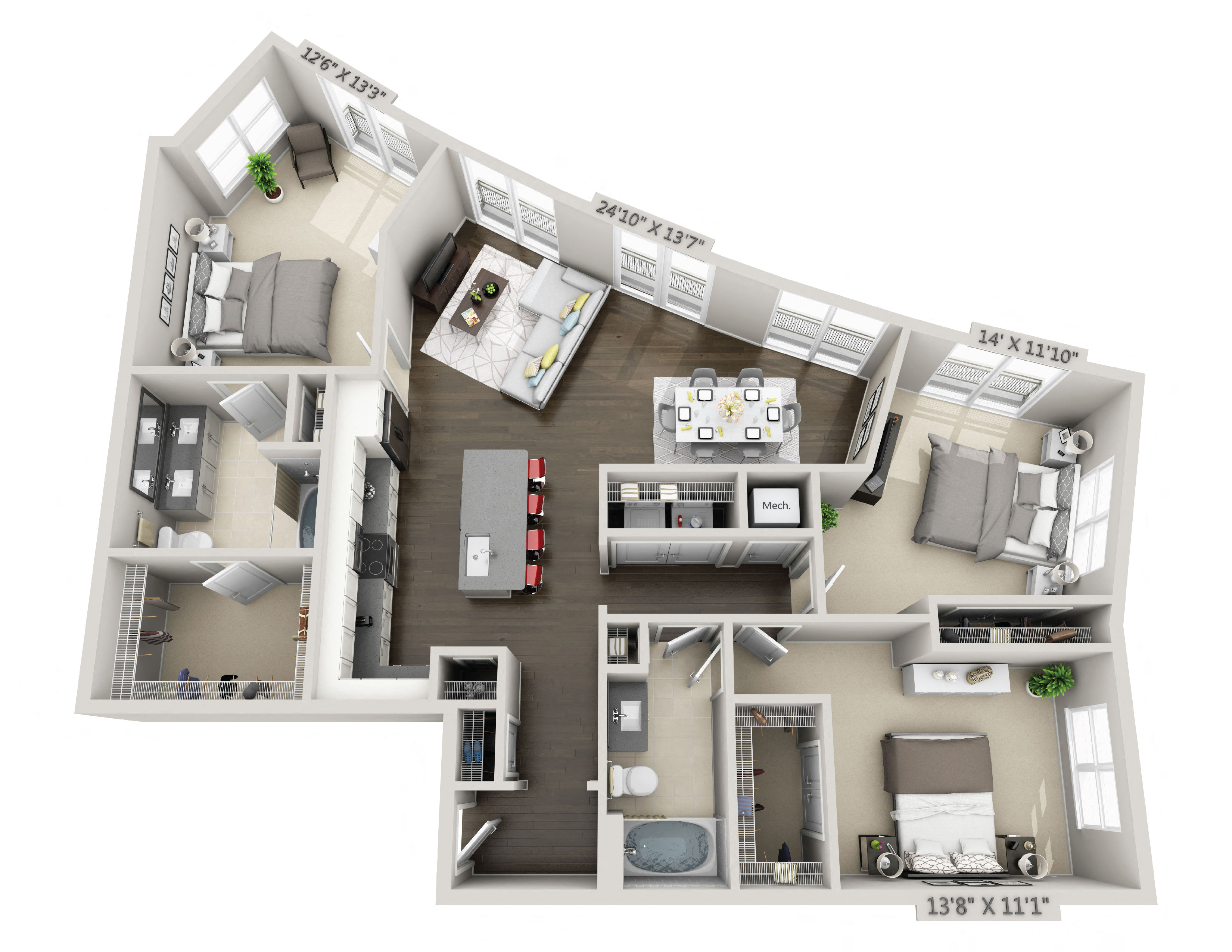 Floor plan for 3 beds, 2 baths, 1609 sqft